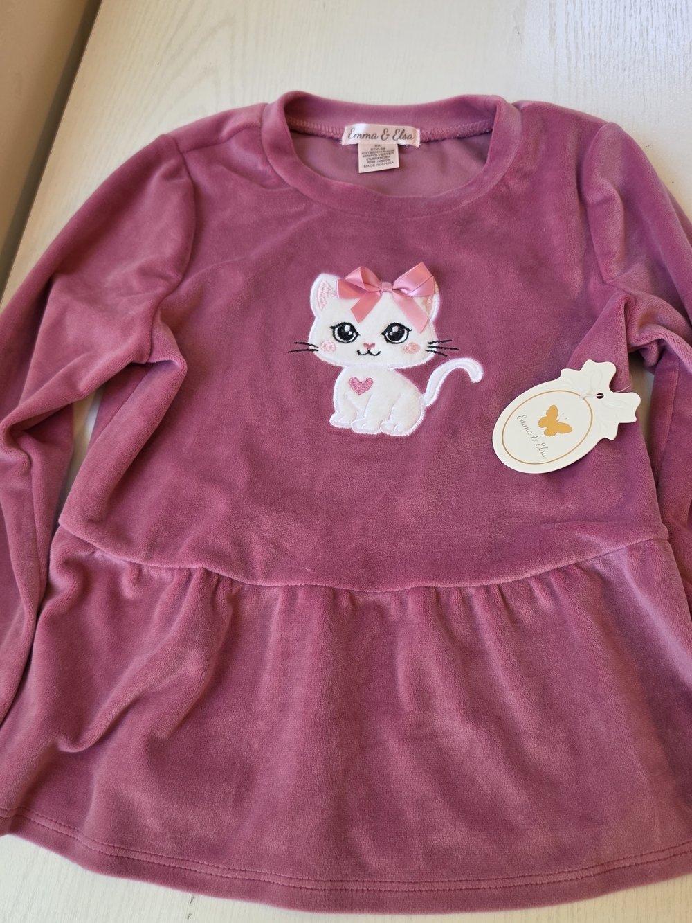 Emma & Elsa Pink Velvet Kitten Peplum Top